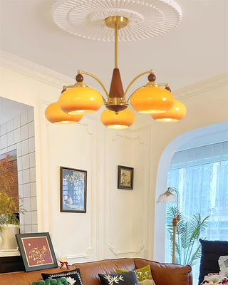 Suspension vintage dorée à globes jaunes multiples