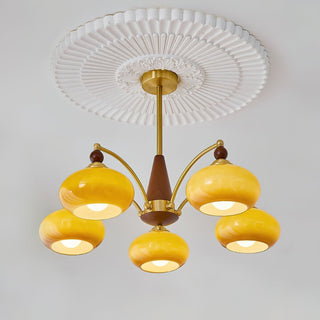Suspension vintage dorée à globes jaunes multiples