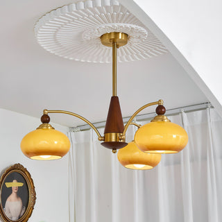 Suspension vintage dorée à globes jaunes multiples