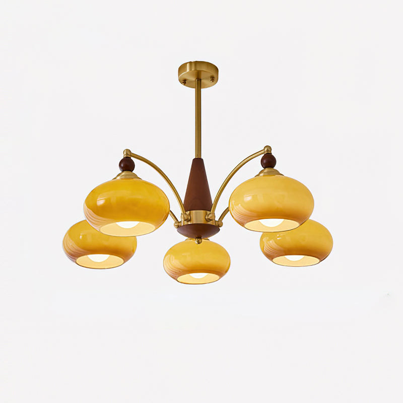 Suspension vintage dorée à globes jaunes multiples