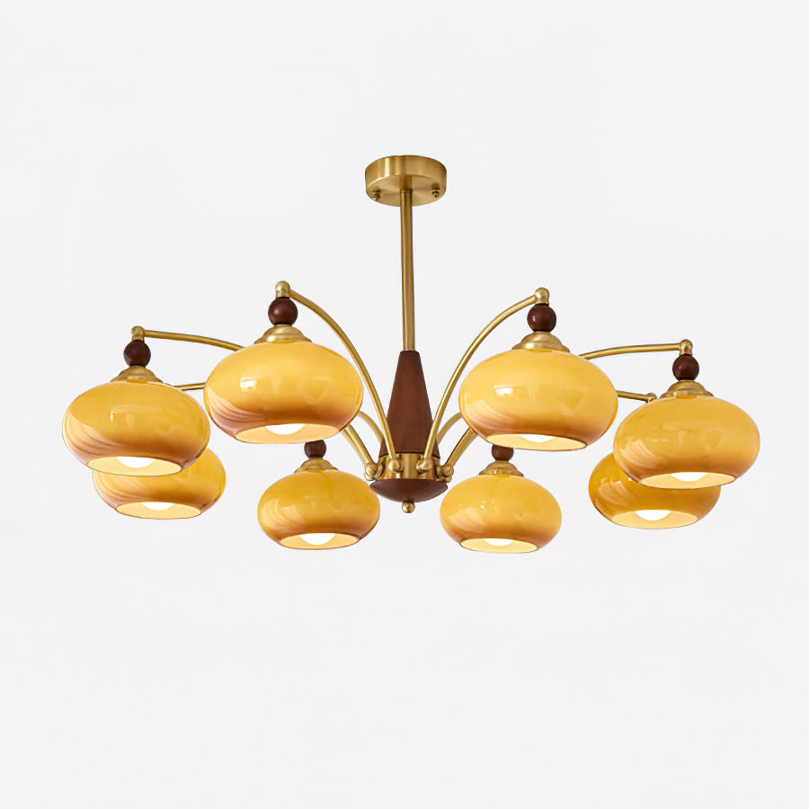Suspension vintage dorée à globes jaunes multiples