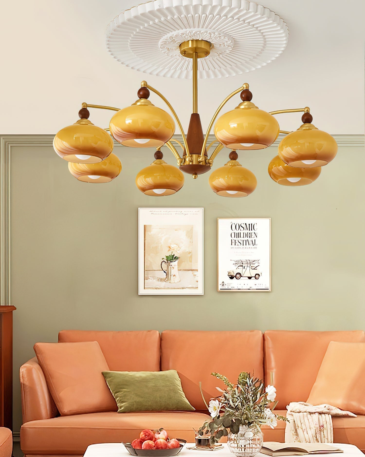 Suspension vintage dorée à globes jaunes multiples