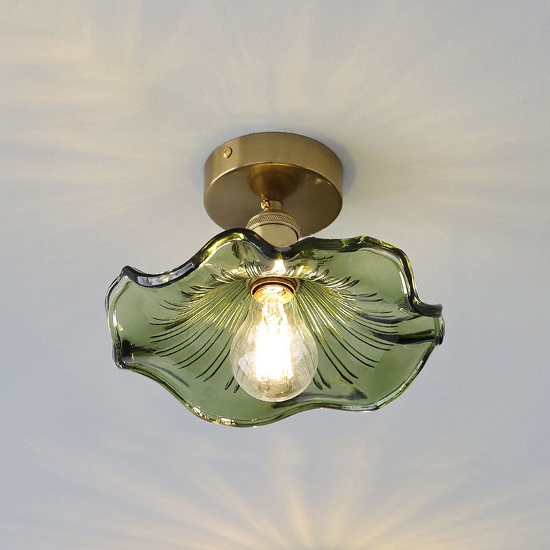 Plafonnier vintage verre vert forme hibiscus dorée