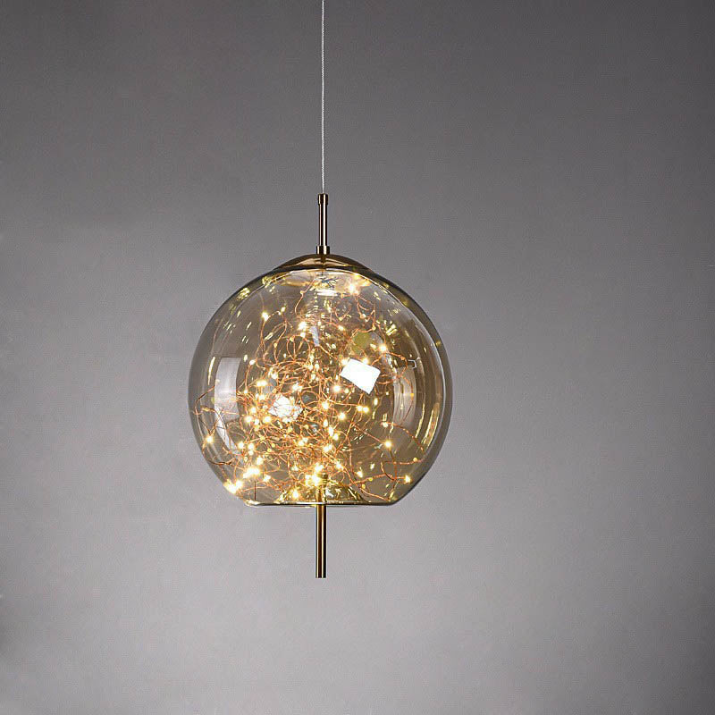 Suspension design verre et LED dorée moderne