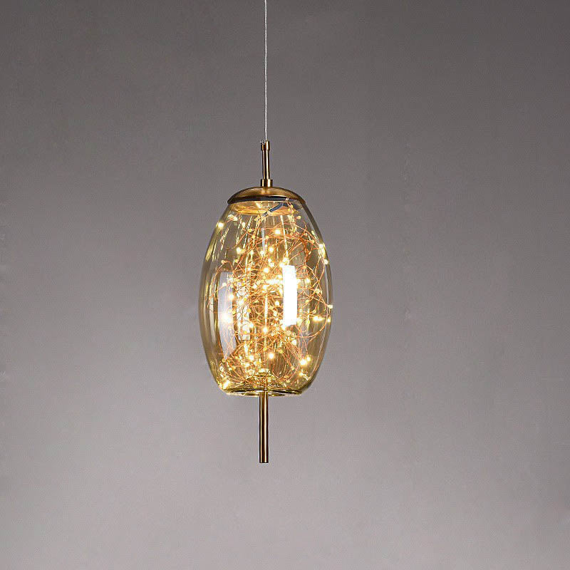 Suspension design verre et LED dorée moderne