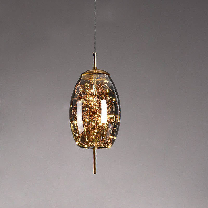 Suspension design verre et LED dorée moderne
