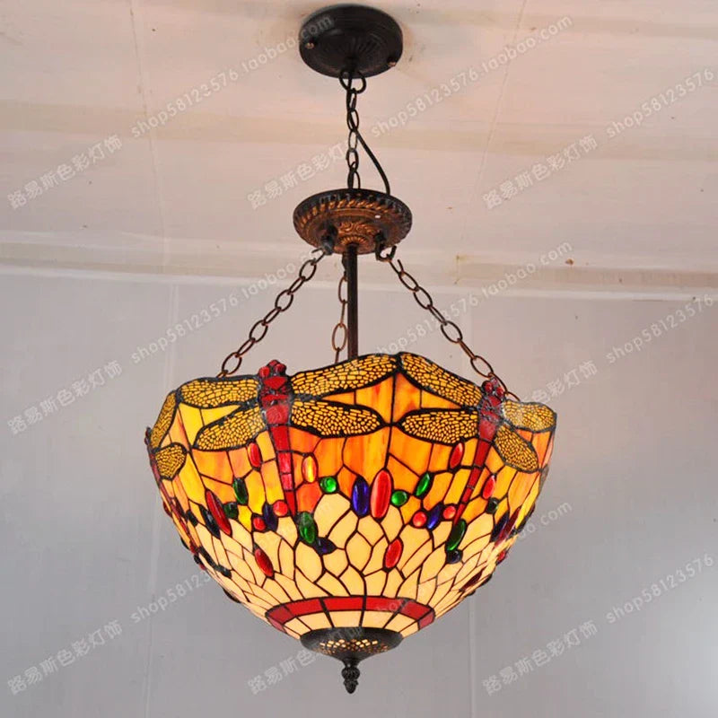 Suspension style Tiffany libellule en verre coloré