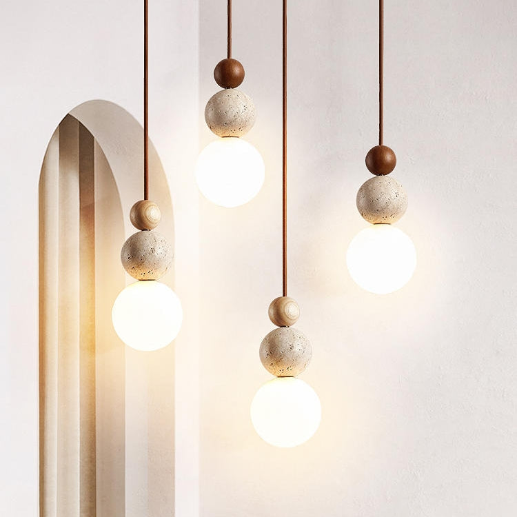 Suspension moderne travertin et bois design naturel