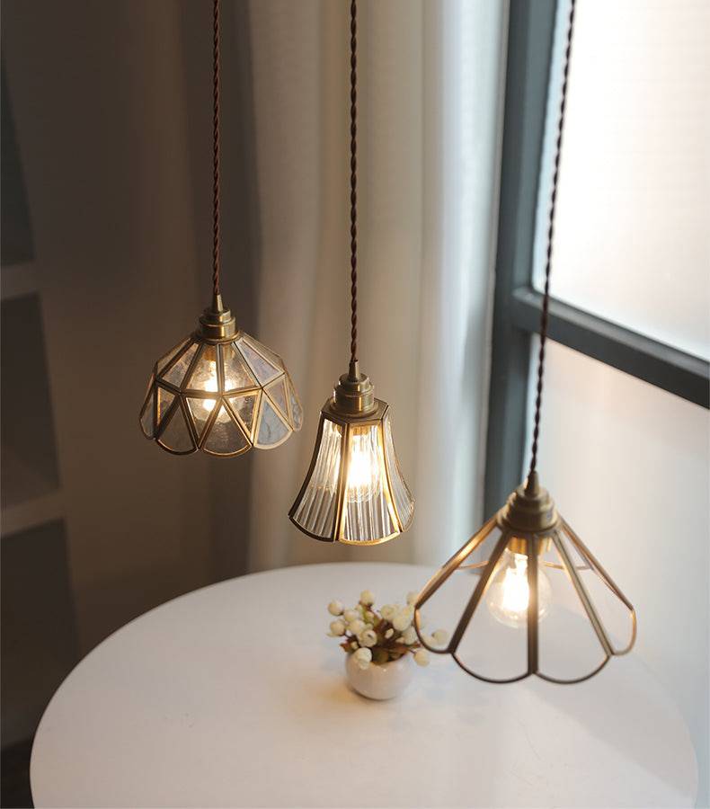 Suspension vintage en verre et laiton géométrique