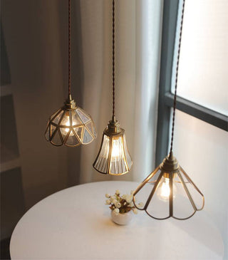 Suspension vintage en verre et laiton géométrique