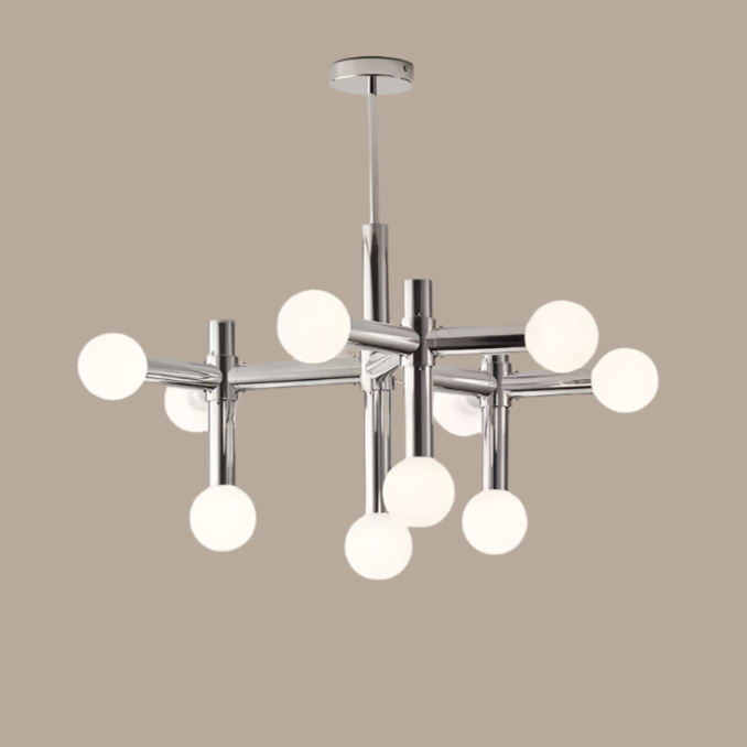 Suspension design métal argenté à globes lumineux