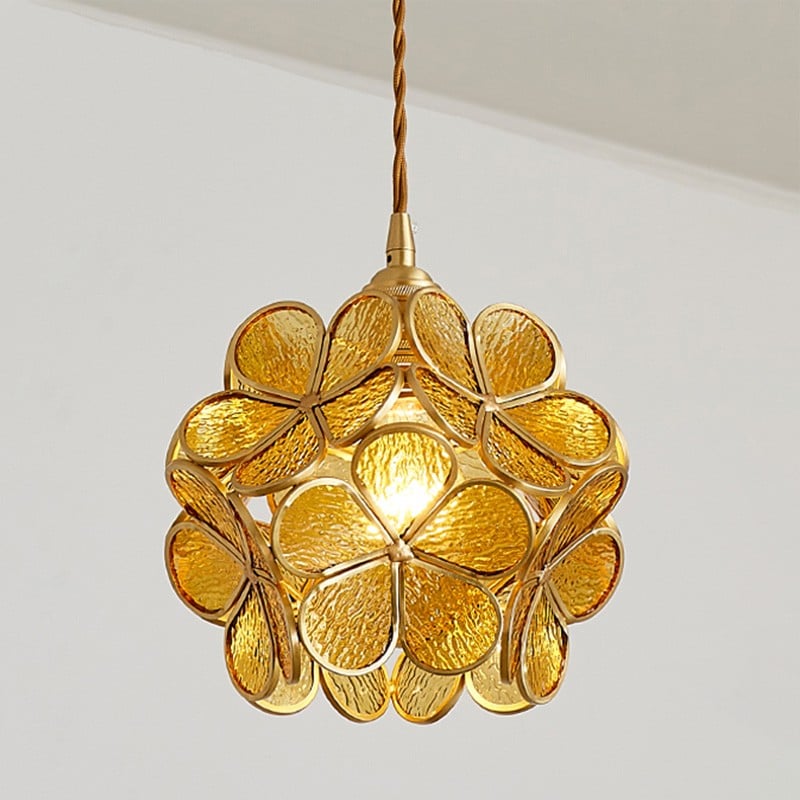 Suspension design florale en verre et métal doré