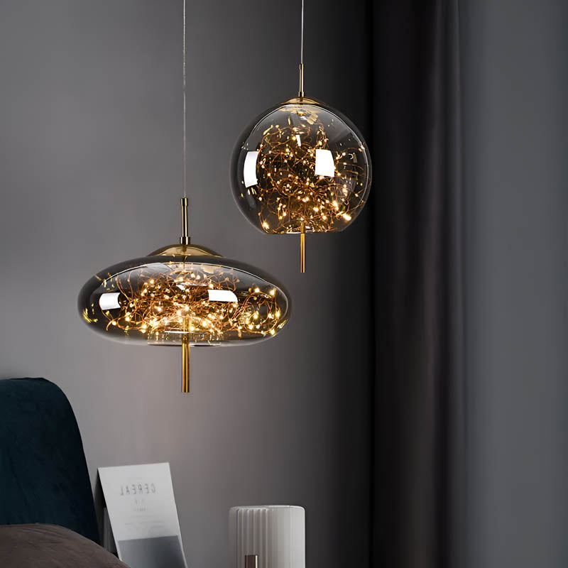Suspension design moderne verre fumé et LED dorées