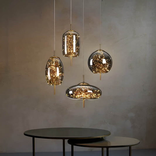 Suspension design moderne verre fumé et LED dorées