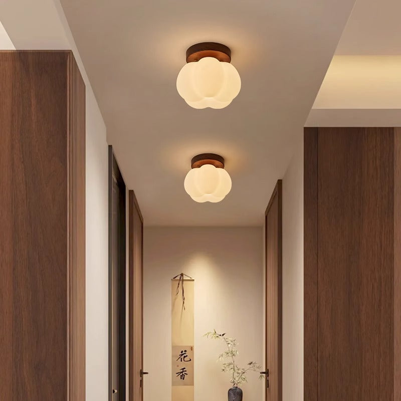 Plafonnier japonais design bois et verre dépoli