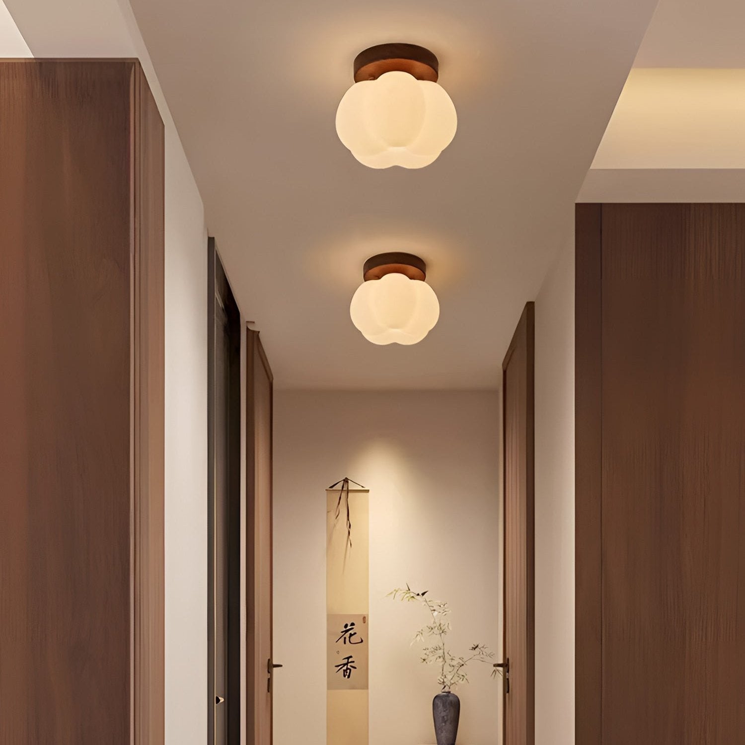 Plafonnier japonais design bois et verre dépoli