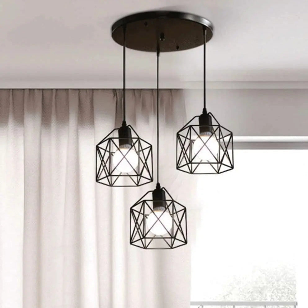 Suspension vintage à 3 têtes en métal noir classique