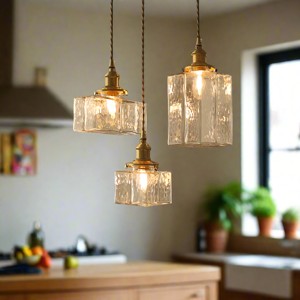 Suspension vintage en verre et métal doré design