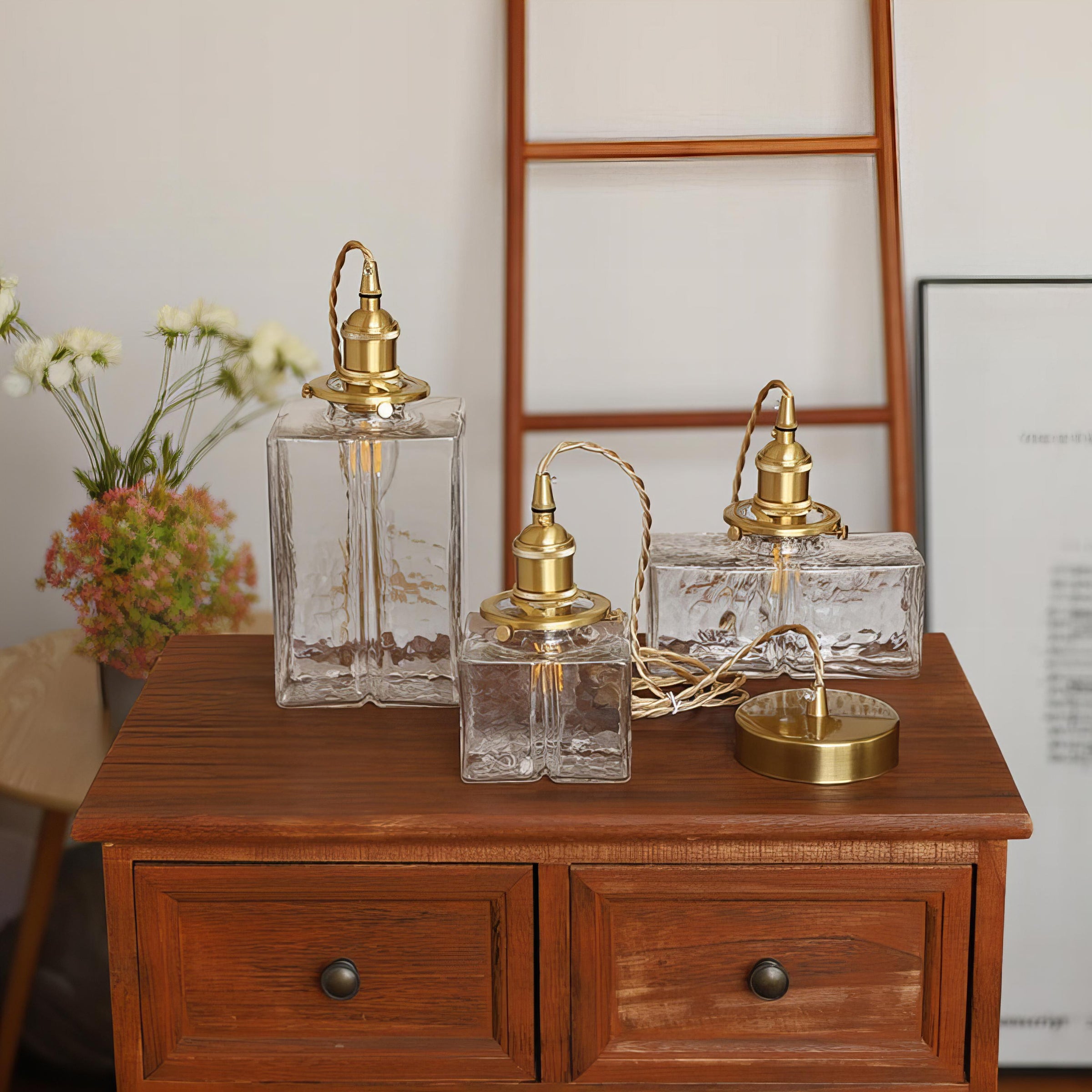 Suspension vintage en verre et métal doré design