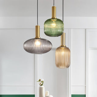Suspension design verre cannelé et métal doré