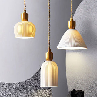 Suspension vintage en céramique design dorée et blanche