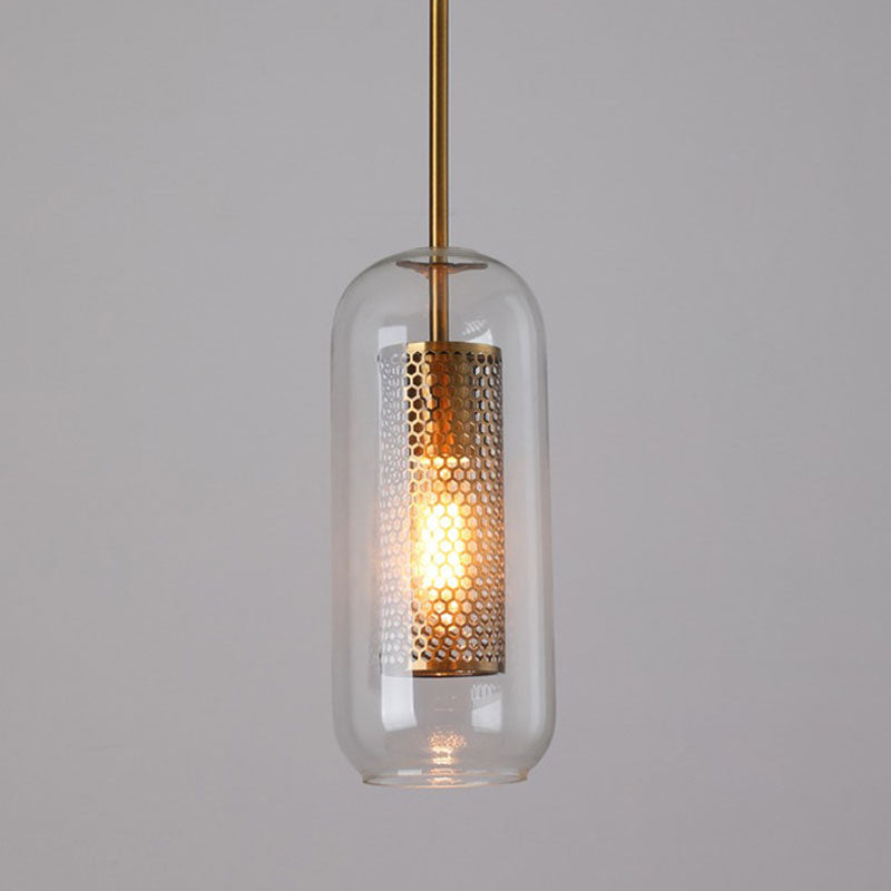 Suspension vintage en verre avec une cage en bronze grillagée