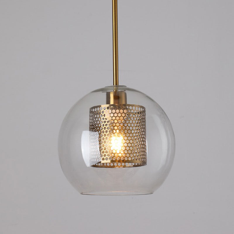 Suspension vintage en verre avec une cage en bronze grillagée